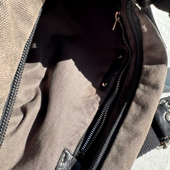 Iyiami Handbags Black Leather Charcoal Cotton Canvas Sling Bag - Picture 11 of 11